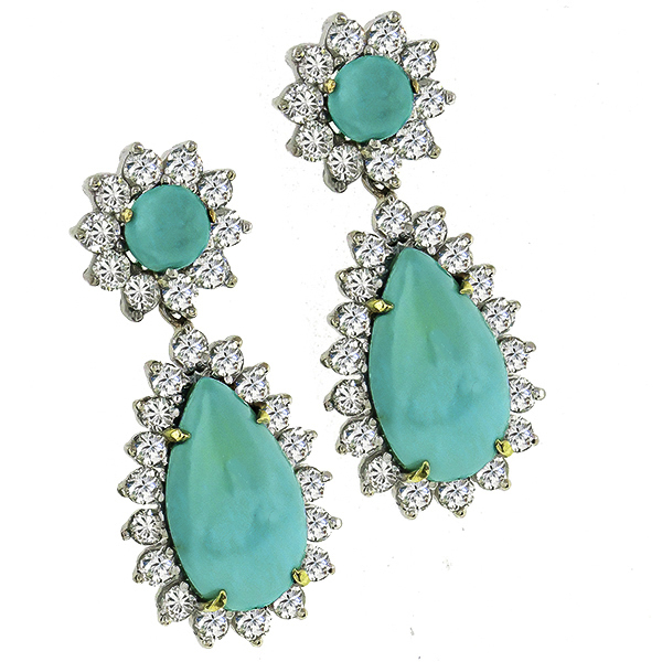 Vintage 2.80ct Round Cut Diamond Cabochon Turquoise 14k White Gold Drop Earrings
