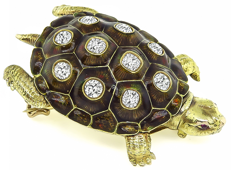 Vintage 3.00ct Diamond Enamel Turtle Pin / Pendant