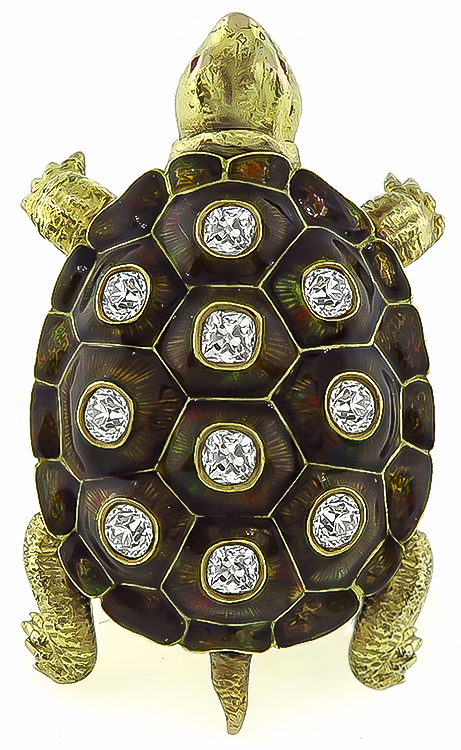 Vintage 3.00ct Diamond Enamel Turtle Pin / Pendant