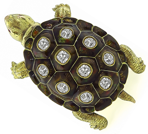 Vintage 3.00ct Diamond Enamel Turtle Pin / Pendant