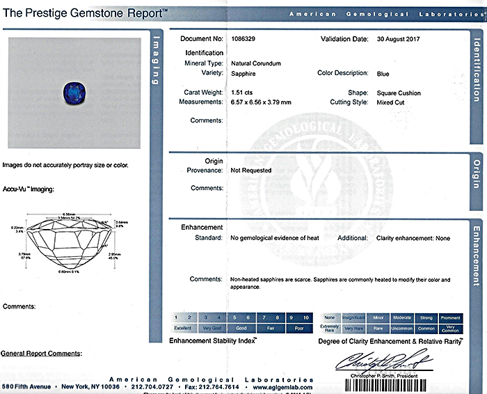 Vintage AGL Certified 1.51ct No Heat Sapphire 2.00ct Diamond Ring