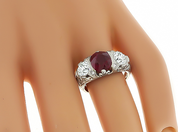 Vintage Certified 2.73ct No Heat Ruby GIA Certified 0.74ct and 0.71ct Diamond Ring
