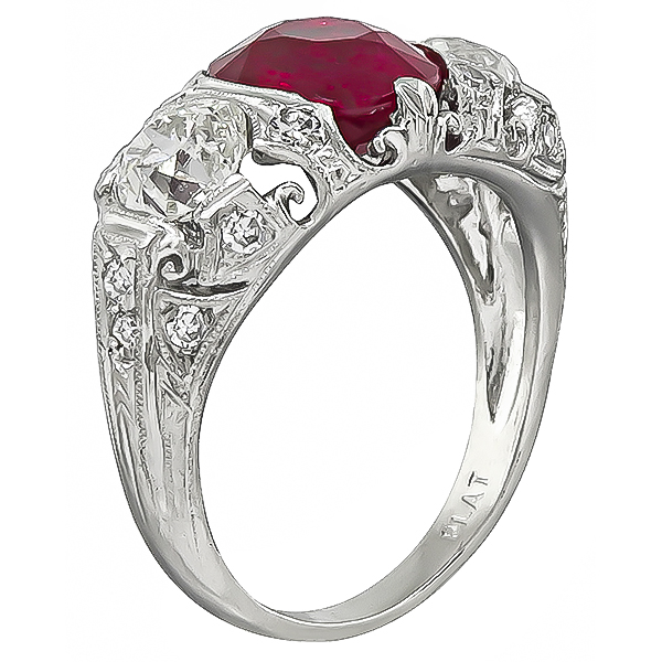 Vintage Certified 2.73ct No Heat Ruby GIA Certified 0.74ct and 0.71ct Diamond Ring