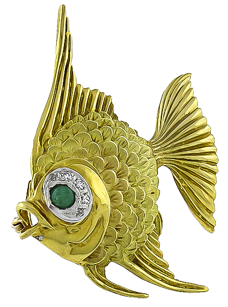 Vintage Emerald Diamond Gold Angel Fish Pin Photo 1