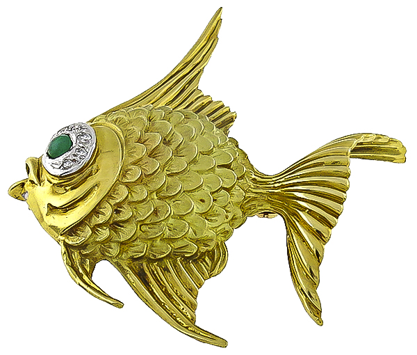 Vintage Emerald Diamond Gold Angel Fish Pin Photo 1