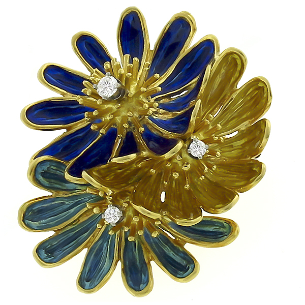 18k yellow gold enamel diamond flower pin 1
