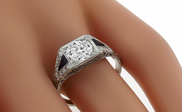 Vintage GIA Certified 2.03ct Diamond Onyx Engagement Ring Photo 1