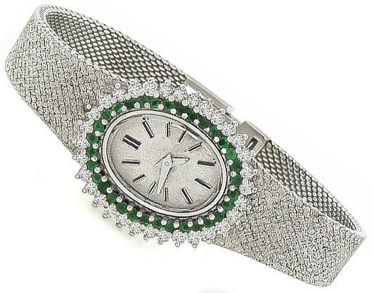 Vintage Quartz 1.00ct Diamond 0.60ct Emerald Watch Photo 1