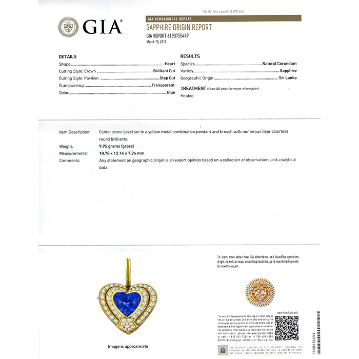 GIA 6.55ct Ceylon Sapphire 3.25ct Diamond Heart Pin/Pendant 