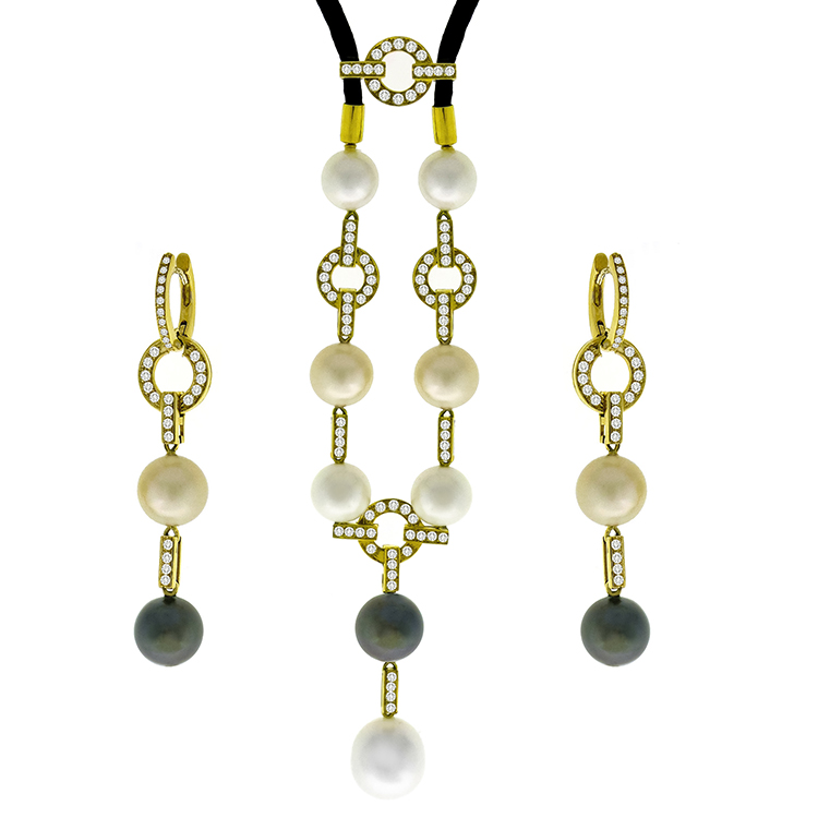 4.30ct Diamond Pearl Gold Earrings And Necklace Set