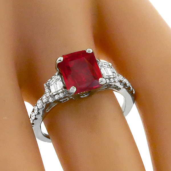 Estate 2.04ct Emerald Cut Burmese Ruby 0.75ct Trapezoid And Round Cut Diamond 18k White Gold  Engagement Ring