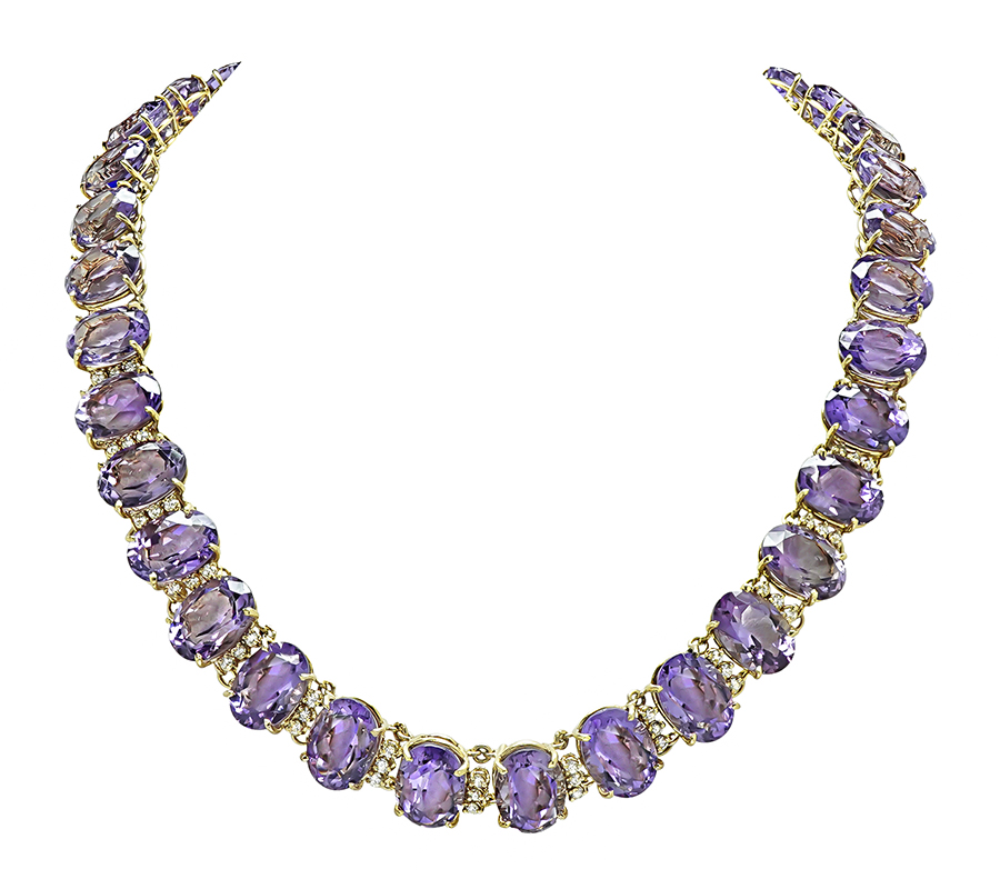 Estate 288.00ct Amethyst 1.50ct Diamond Gold Necklace