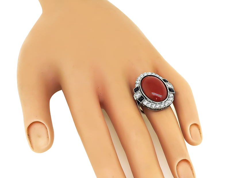 Vintage Coral 1.00ct Diamond Onyx Ring