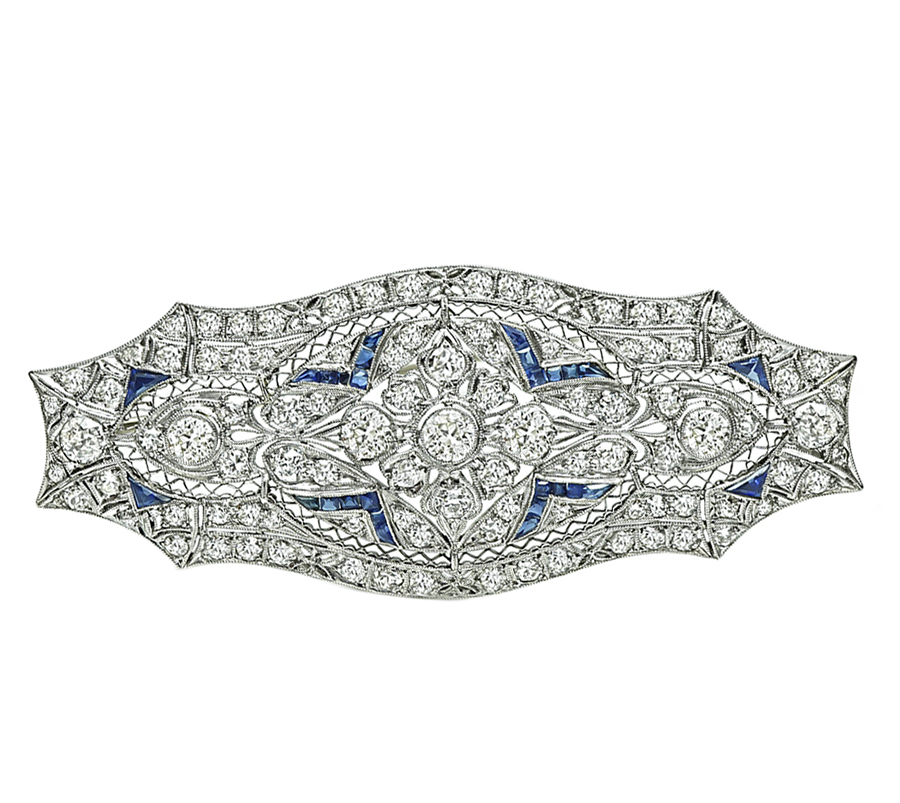 Art Deco 4.00ct Diamond Sapphire Platinum Pin