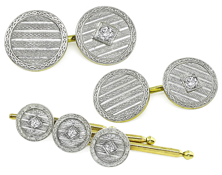 Estate 0.50ct Diamond Gold Cufflinks and Buttons Tuxedo Set