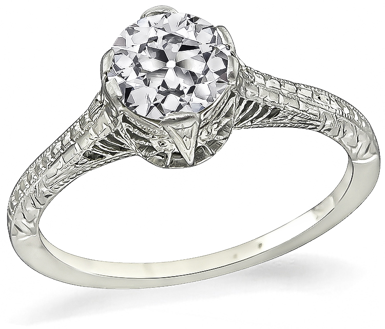 Vintage Old Mine Cut Diamond 18k White Gold Engagement Ring