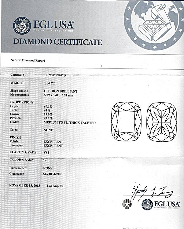 Estate EGL Certified 1.04ct Diamond Engagement Ring