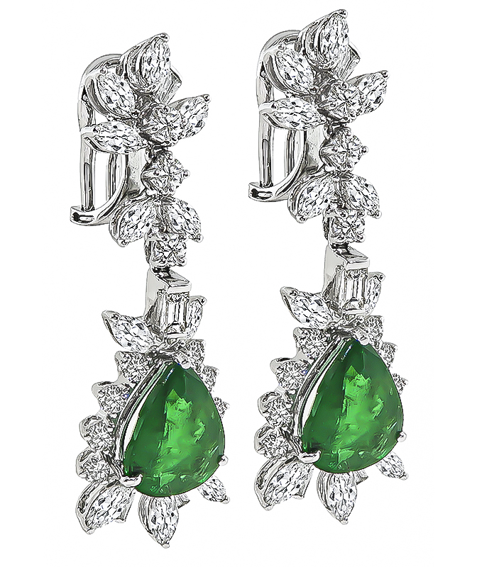 Estate 7.00ct Emerald 4.00ct Diamond Drop Earrings