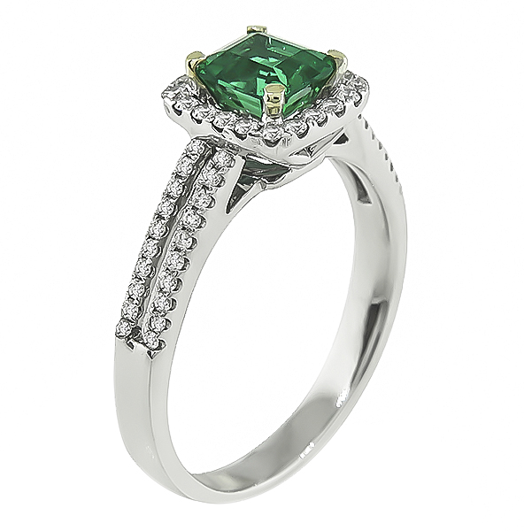 Estate 0.69ct Colombian Emerald 0.70ct Diamond Engagement Ring