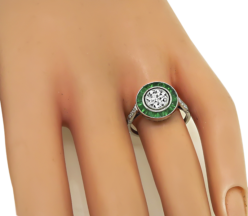 Estate 0.75ct Diamond Emerald Engagement Ring