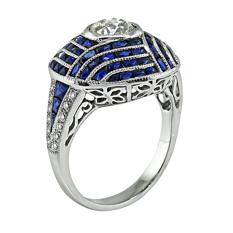 Art Deco Style 0.87ct Diamond 1.50ct Sapphire Engagement Ring