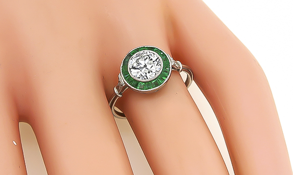 Estate 1.00ct Diamond Emerald Engagement Ring
