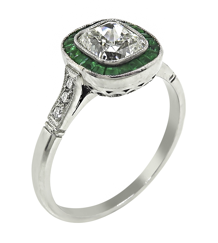 Estate 1.12ct Diamond Emerald Engagement Ring