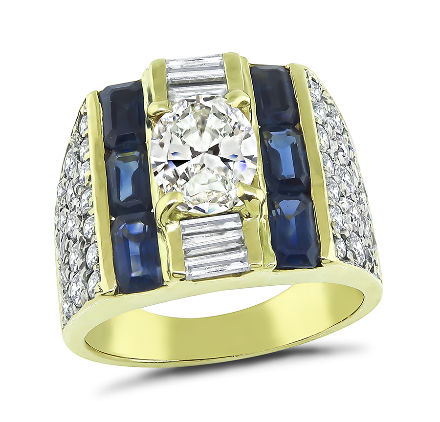 Estate 1.23ct Center Diamond 1.50ct Side Diamond Sapphire Gold Ring