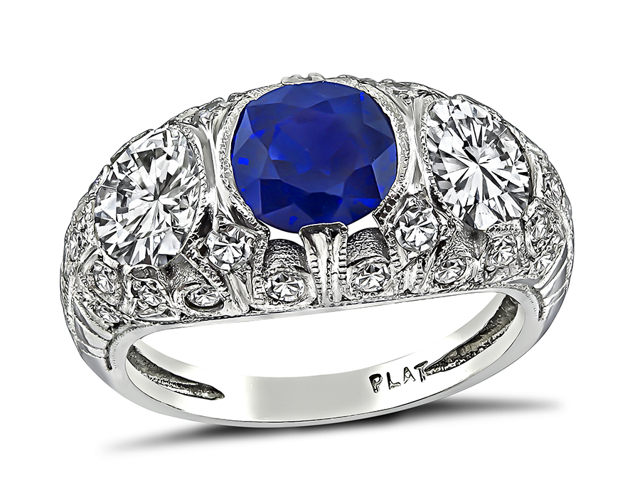 Estate 1.45ct Ceylon Sapphire GIA and EGL Certified 1.58ct Diamond Anniversary Ring
