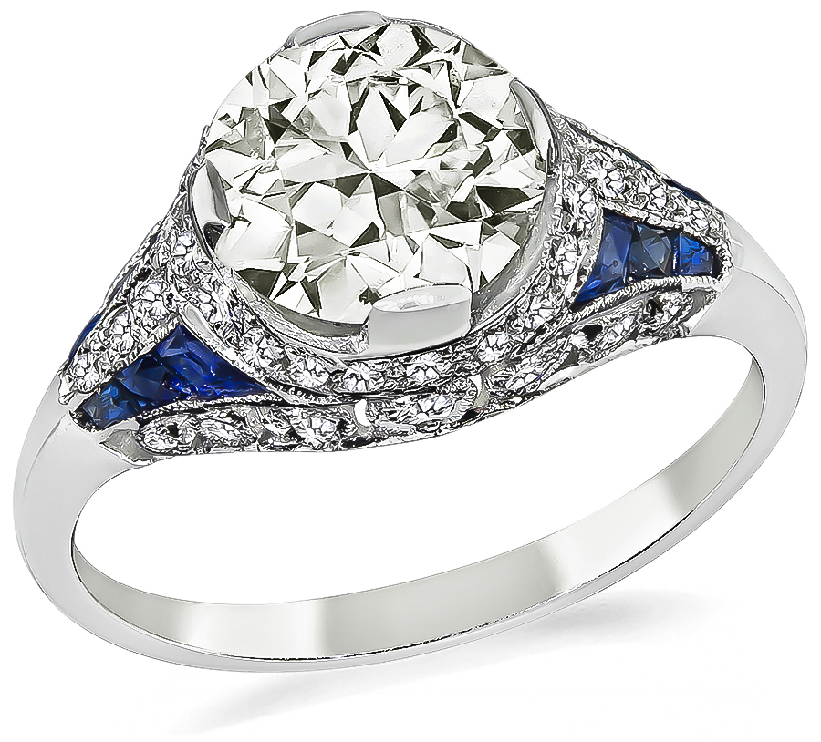 Estate Round Cut Diamond Sapphire 18k White Gold Engagement Ring