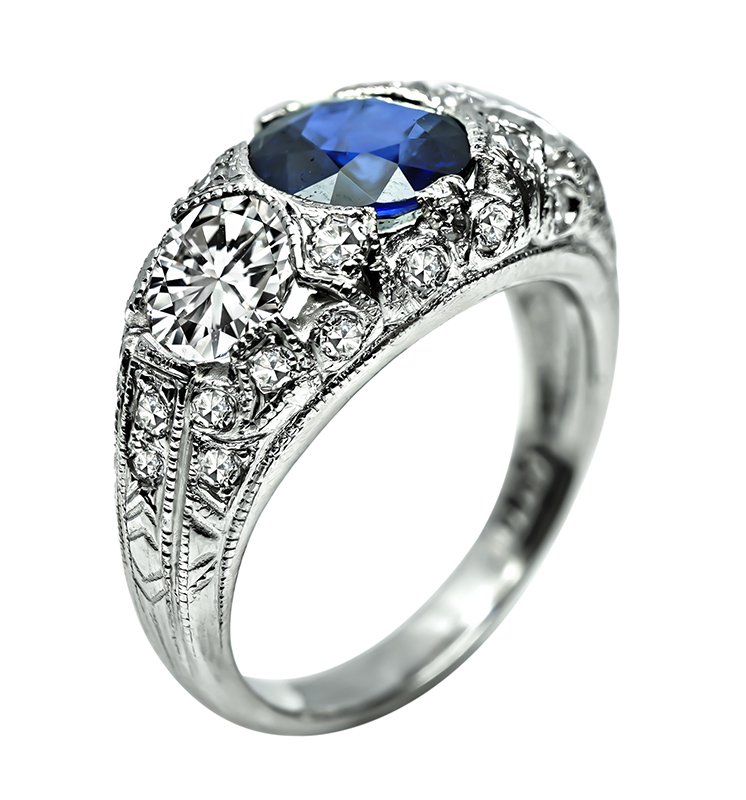 Estate 1.55ct Sapphire GIA Certified 1.08ct Diamond Anniversary Ring