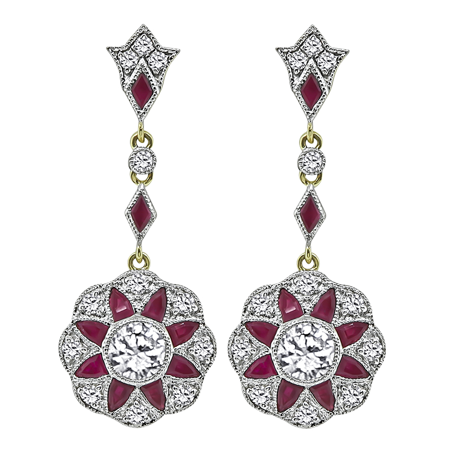 Estate 1.71ct Diamond 1.98ct Ruby Dangling Earrings