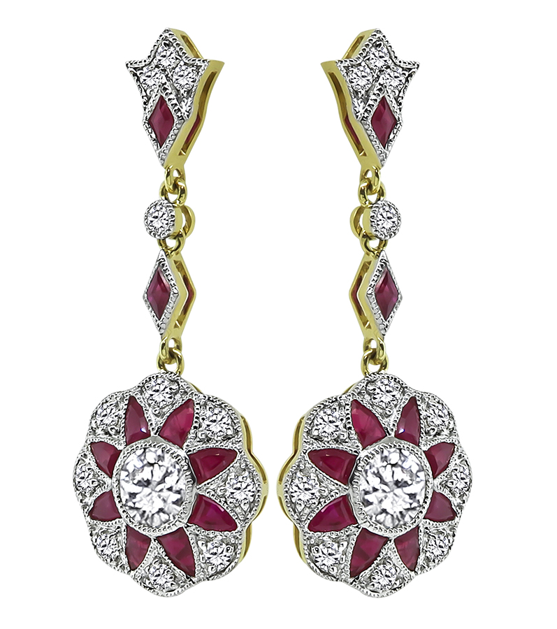 Estate 1.71ct Diamond 1.98ct Ruby Dangling Earrings