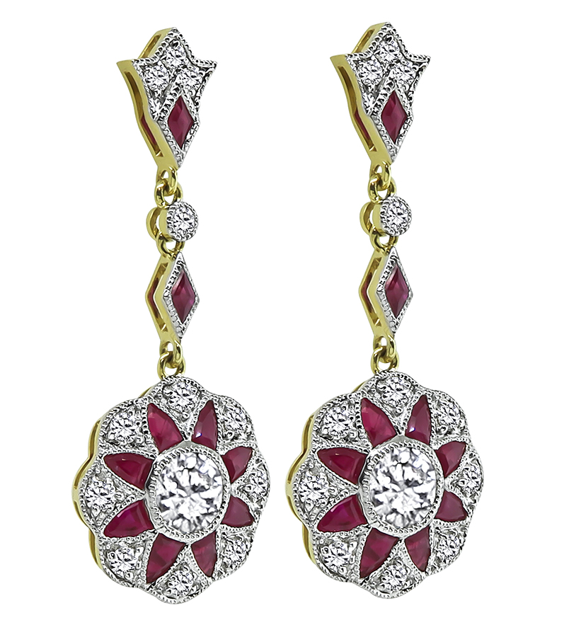 Estate 1.71ct Diamond 1.98ct Ruby Dangling Earrings