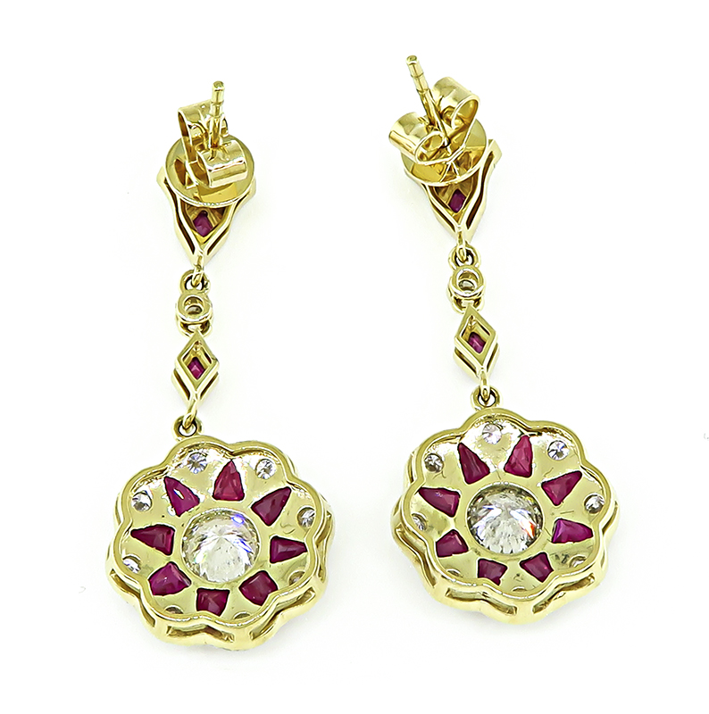 Estate 1.71ct Diamond 1.98ct Ruby Dangling Earrings