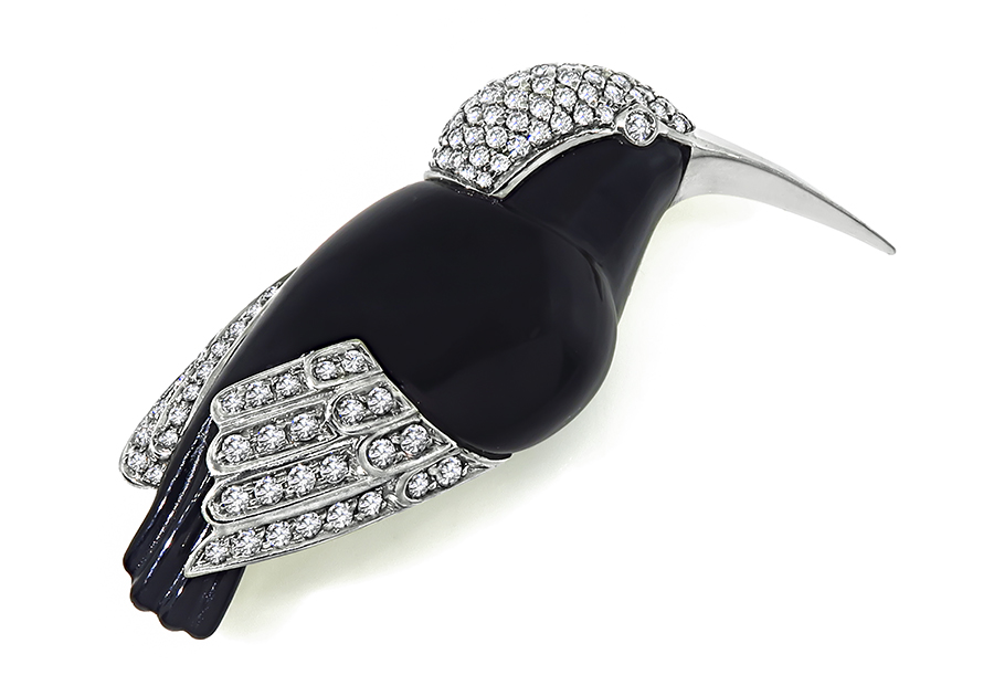 Estate 1.75ct Diamond Onyx Hummingbird Pin