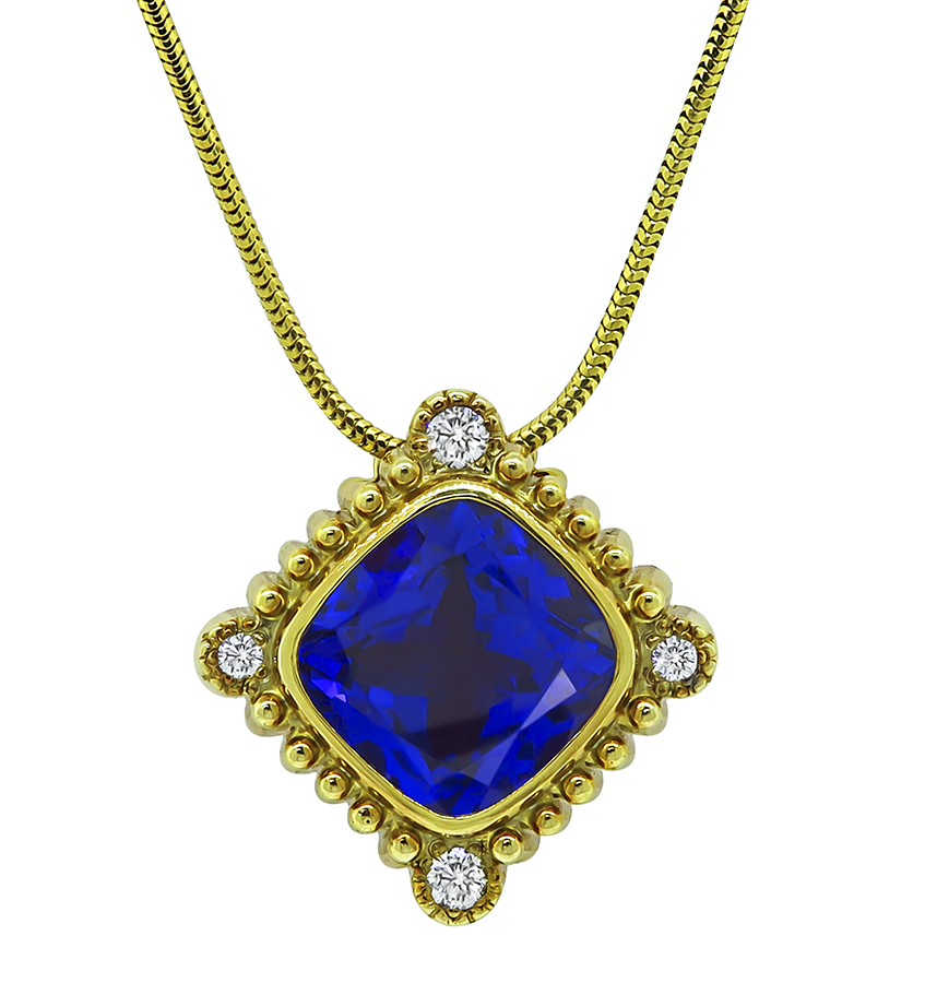 Estate 10.00ct Tanzanite 0.25ct Diamond Gold Pendant Necklace