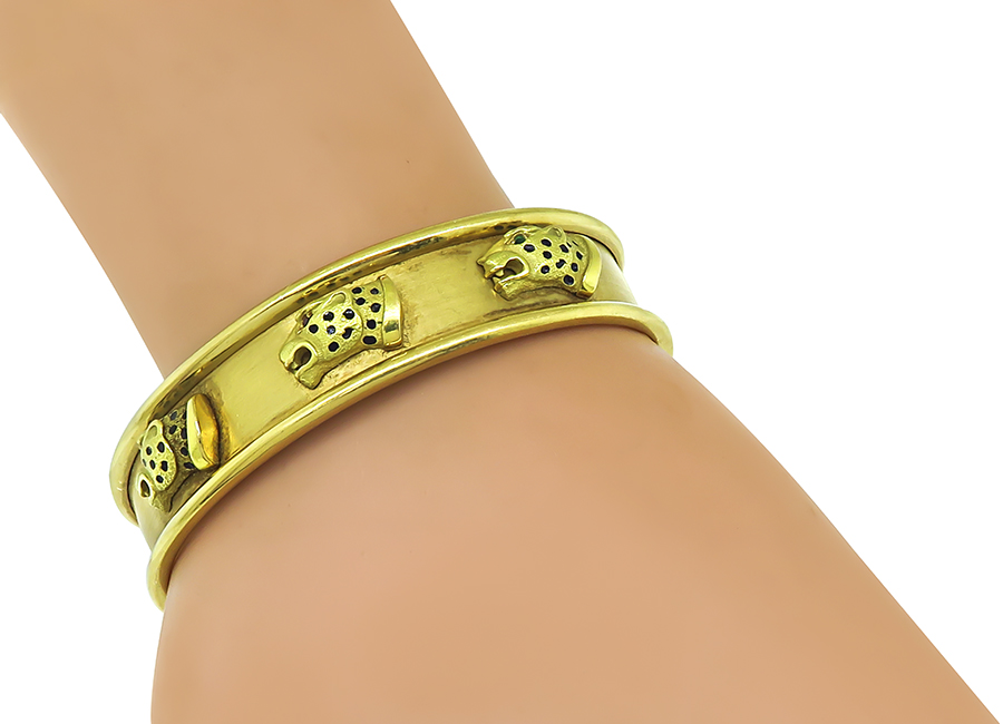 Estate Enamel Gold Panther Cuff Bangle