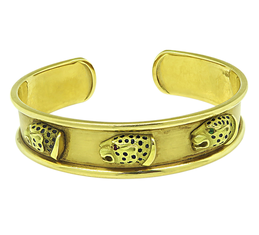 Estate Enamel Gold Panther Cuff Bangle