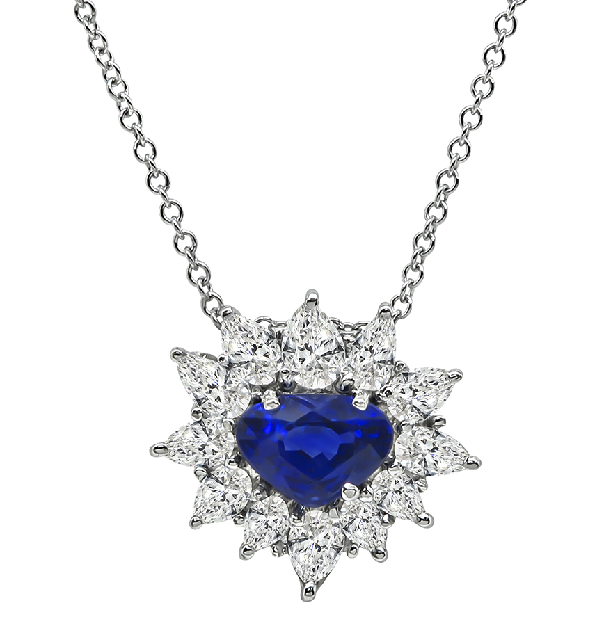 Heart Shape Sapphire Pear Shape Diamond 14k White Gold Pendant Necklace