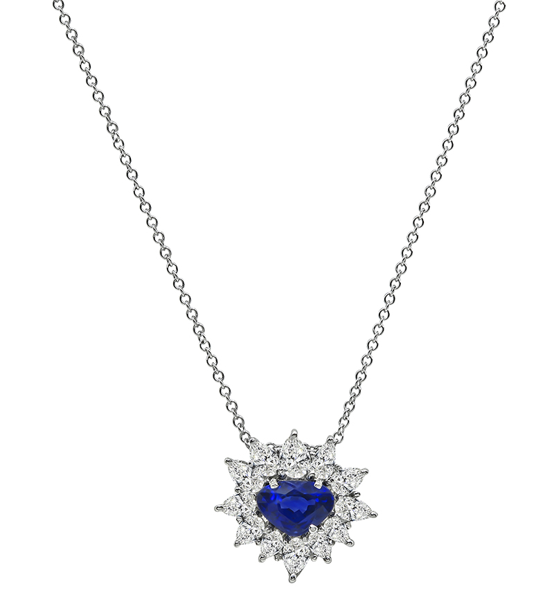 Heart Shape Sapphire Pear Shape Diamond 14k White Gold Pendant Necklace