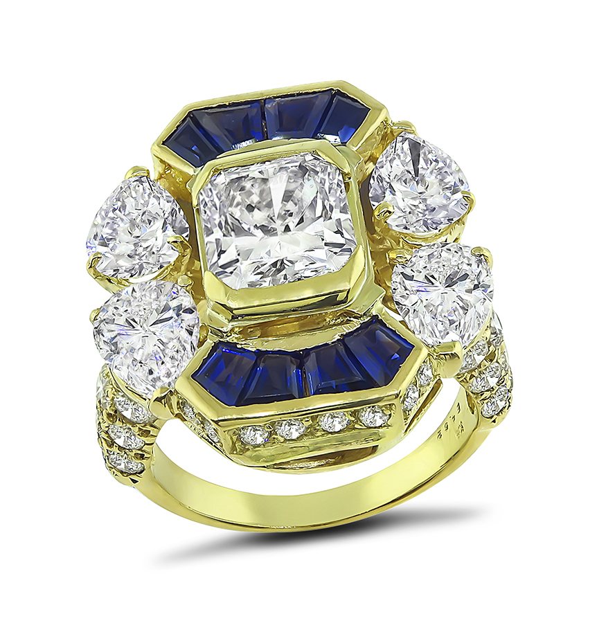 Estate 2.23ct Center Diamond 3.80ct Side Diamond Sapphire Gold Ring