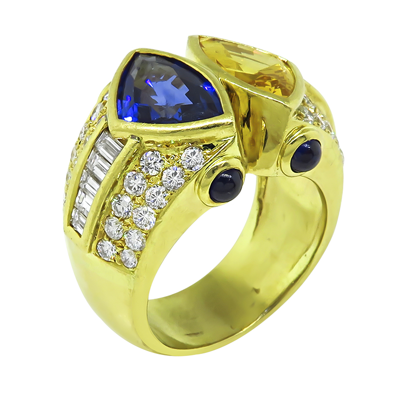 Estate 2.50ct Blue and Yellow Sapphire 1.75ct Diamond Gold Ring