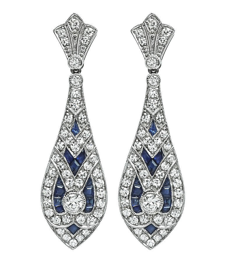 Estate 2.57ct Diamond 2.05ct Sapphire Dangling Earrings