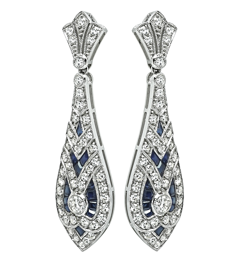 Estate 2.57ct Diamond 2.05ct Sapphire Dangling Earrings