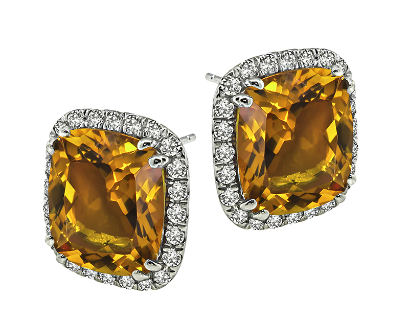 Estate 20.00ct Citrine 1.50ct Diamond Earrings