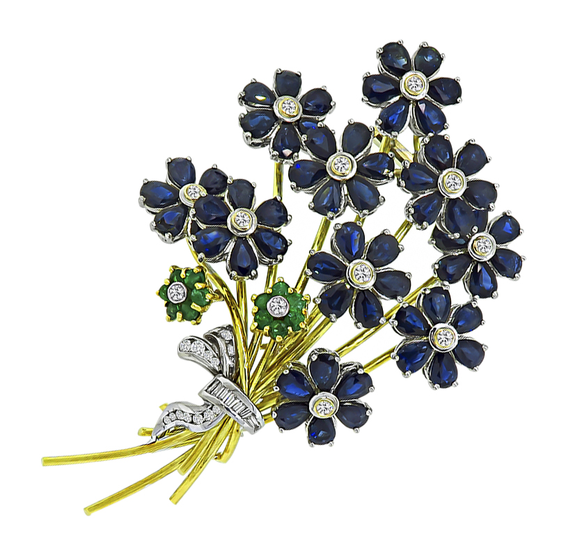 Estate 20.00ct Sapphire 1.00ct Diamond Emerald Gold Flower Pin