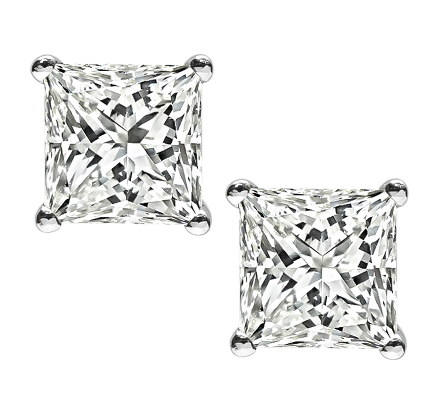 Estate 3.01ct Princess Cut Diamond Stud Earrings