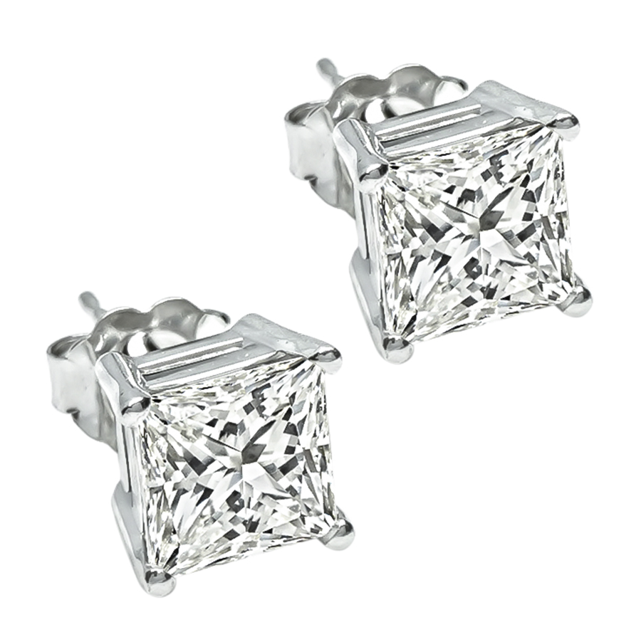 Estate 3.01ct Princess Cut Diamond Stud Earrings