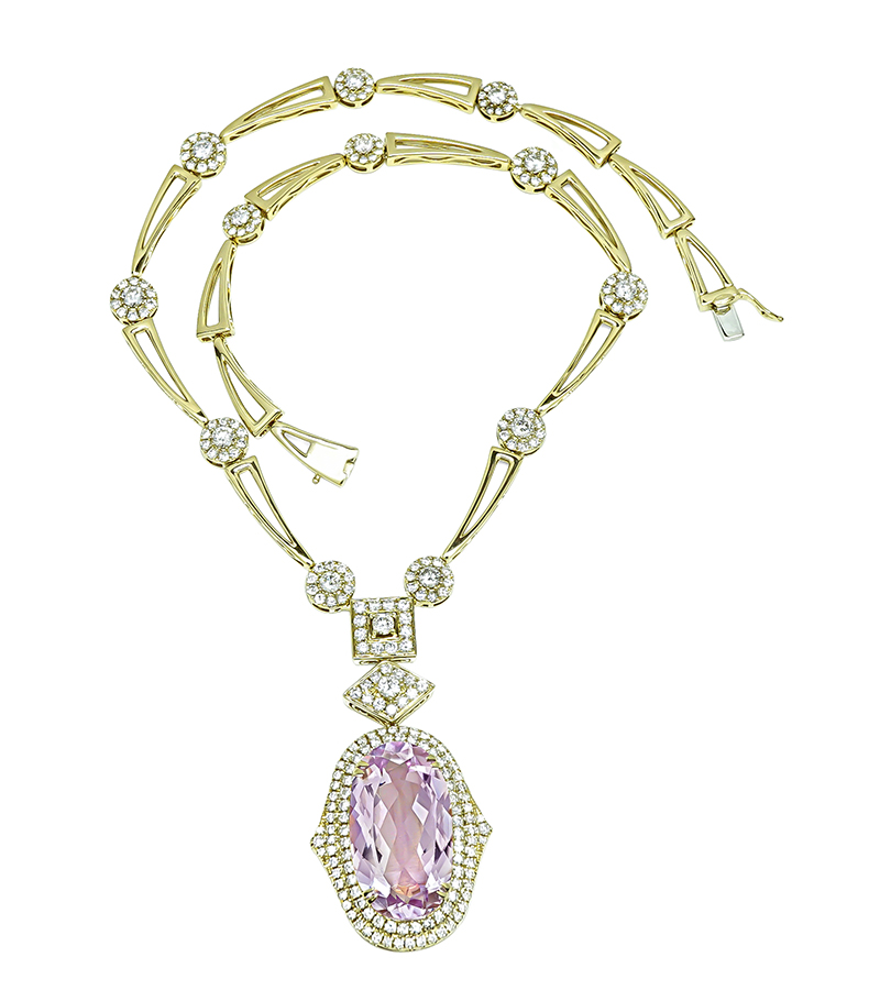 Estate 35.00ct Kunzite 5.00ct Diamond Gold Necklace